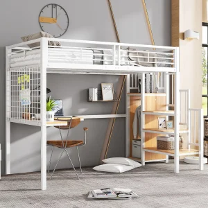 Hoogslaper, 90 x 200 cm, met bureau en ladder, veiligheidsladder en open kledingkast, Wit Hoogslaper, 90 x 200 cm, met bureau en ladder, veiligheidsladder en open kledingkast, Wit