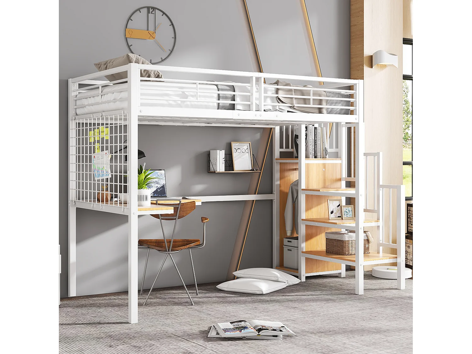 Hoogslaper, 90 x 200 cm, met bureau en ladder, veiligheidsladder en open kledingkast, Wit