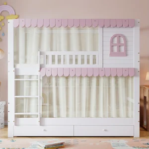 Houten kinderstapelbed met raam, lades op wielen, 90 x 200 cm, wit + roze Houten kinderstapelbed met raam, lades op wielen, 90 x 200 cm, wit + roze