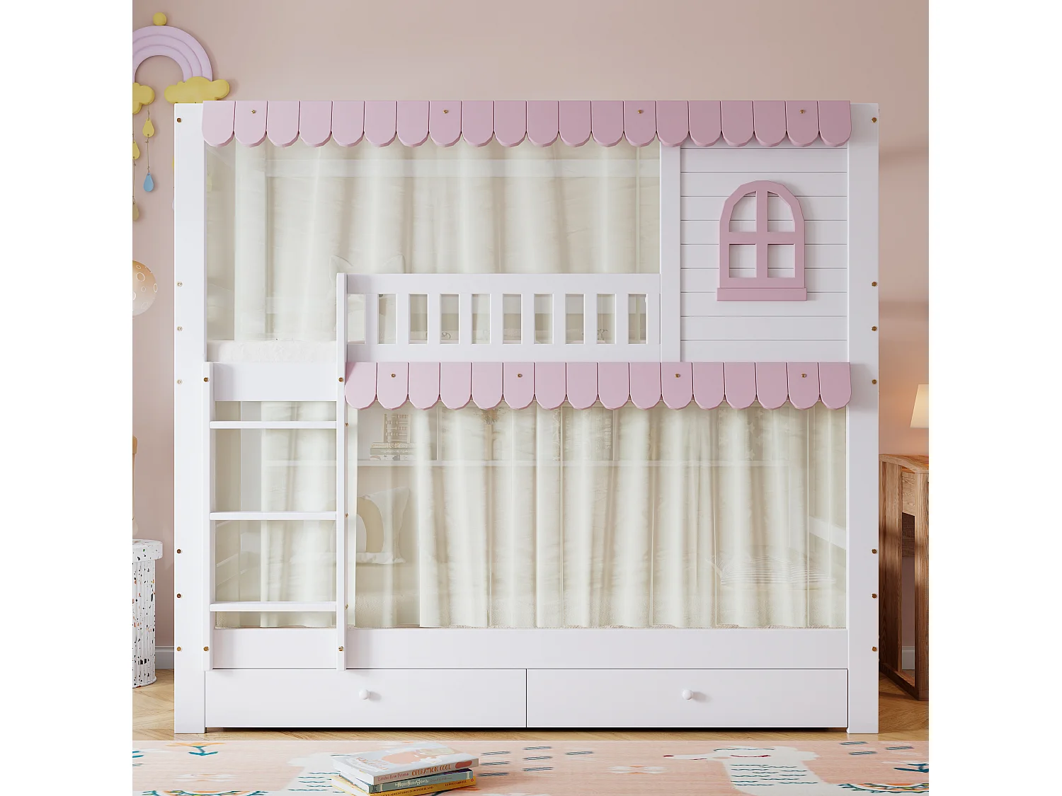 Houten kinderstapelbed met raam, lades op wielen, 90 x 200 cm, wit + roze