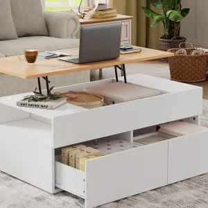 In hoogte verstelbare salontafel 100×50×40 cm – met 2 laden – MDF – wit + naturel In hoogte verstelbare salontafel 100×50×40 cm – met 2 laden – MDF – wit + naturel