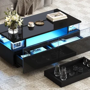 Hogglans salontafel 90×45×35,5 cm – 2 laden – met LED-verlichting – met gehard glas – zwart Hogglans salontafel 90×45×35,5 cm – 2 laden – met LED-verlichting – met gehard glas – zwart