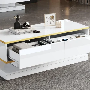 Hogglans salontafel 100×50×38 cm – 2 laden – gouden afwerking – spaanplaat – wit Hogglans salontafel 100×50×38 cm – 2 laden – gouden afwerking – spaanplaat – wit