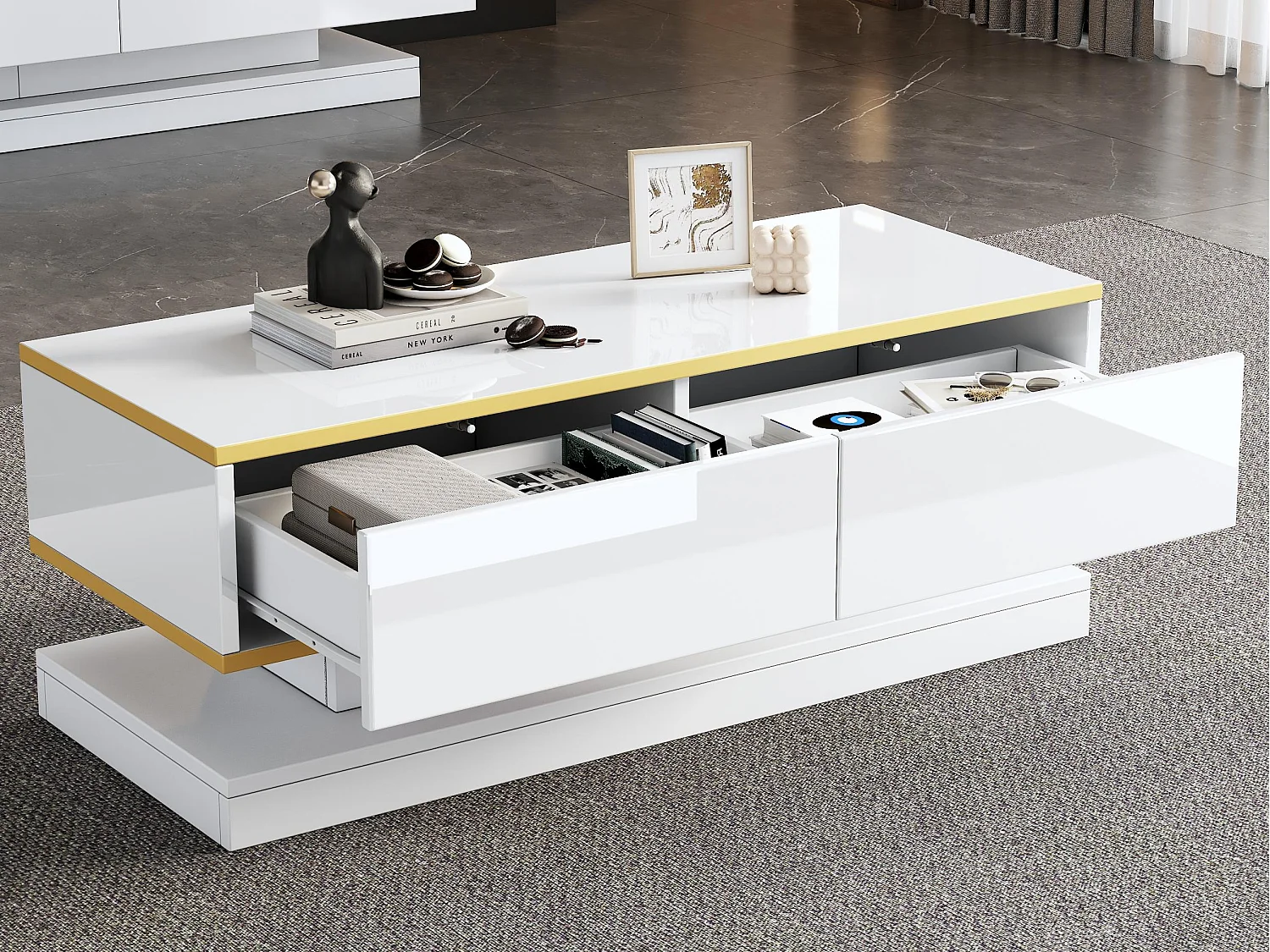 Hogglans salontafel 100×50×38 cm - 2 laden - gouden afwerking - spaanplaat - wit