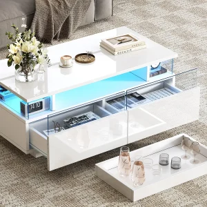 Hogglans salontafel 90×45×35,5 cm – 2 laden – met LED-verlichting – met gehard glas – wit Hogglans salontafel 90×45×35,5 cm – 2 laden – met LED-verlichting – met gehard glas – wit