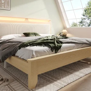 Houten tweepersoonsbed 180×200 cm – met LED-verlichting – hoofdeinde met opbergruimte – ribfluwelen hoofdboard – beige Houten tweepersoonsbed 180×200 cm – met LED-verlichting – hoofdeinde met opbergruimte – ribfluwelen hoofdboard – beige