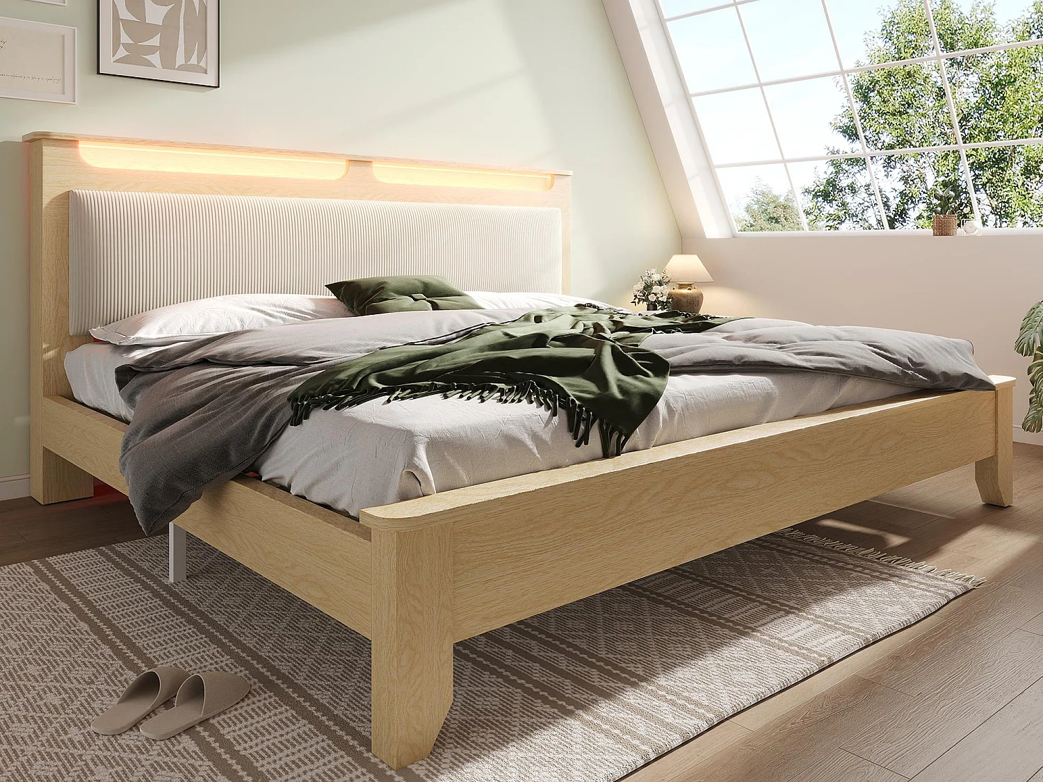 Houten tweepersoonsbed 180×200 cm - met LED-verlichting - hoofdeinde met opbergruimte - ribfluwelen hoofdboard - beige