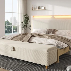 Houten tweepersoonsbed 180×200 cm – met gestoffeerde opbergbank – LED-verlichting – hoofdeinde met opbergruimte – beige Houten tweepersoonsbed 180×200 cm – met gestoffeerde opbergbank – LED-verlichting – hoofdeinde met opbergruimte – beige