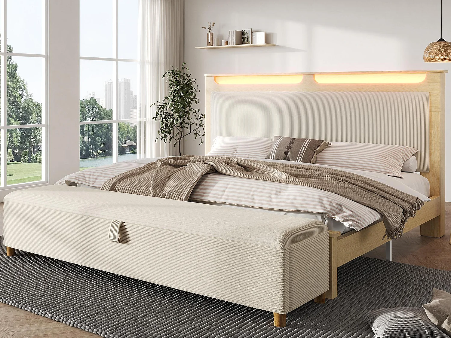Houten tweepersoonsbed 180×200 cm - met gestoffeerde opbergbank - LED-verlichting - hoofdeinde met opbergruimte - beige