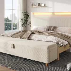 Houten tweepersoonsbed 160×200 cm – met gestoffeerde opbergbank – LED-verlichting – hoofdeinde met opbergruimte – beige Houten tweepersoonsbed 160×200 cm – met gestoffeerde opbergbank – LED-verlichting – hoofdeinde met opbergruimte – beige