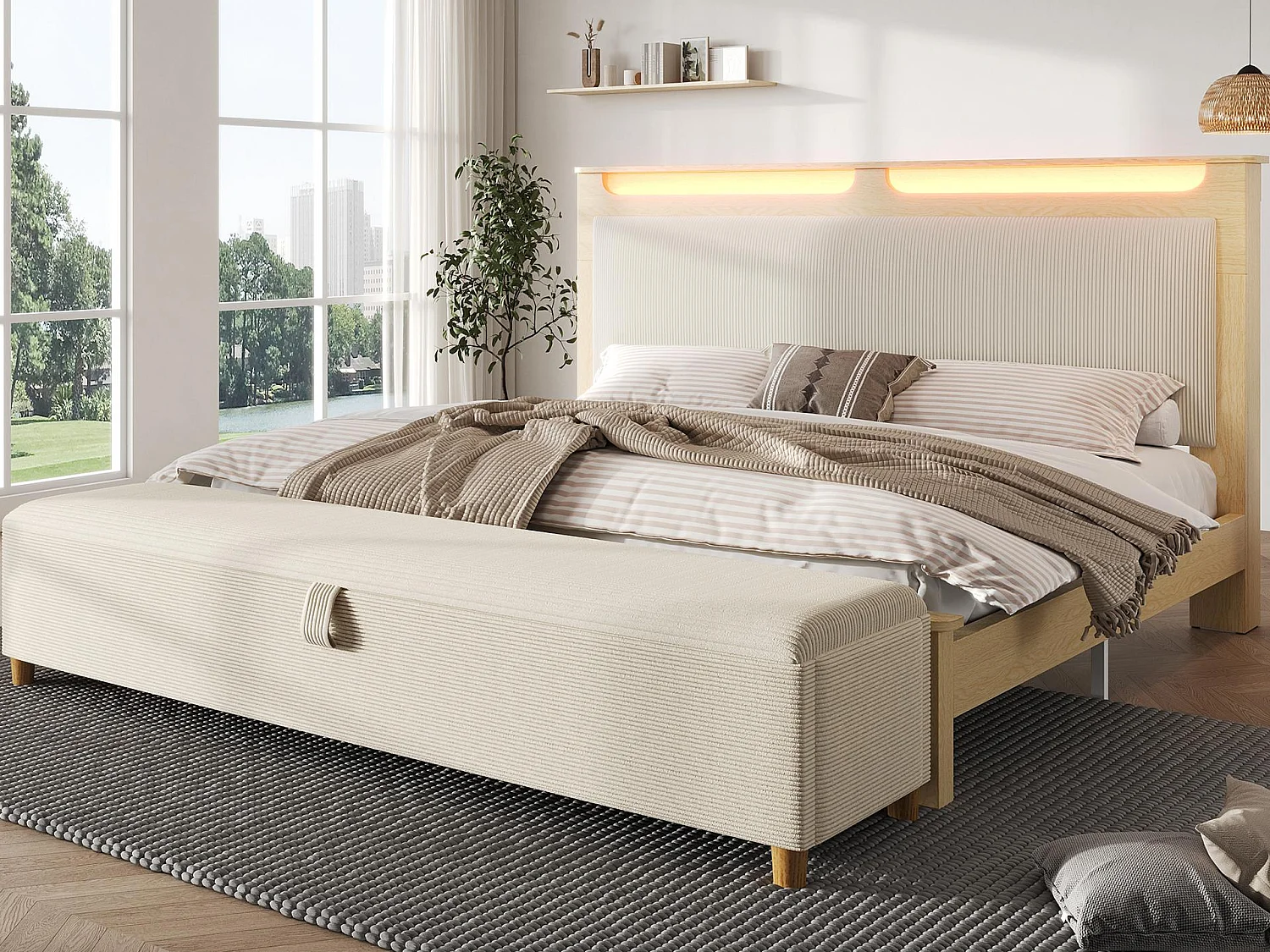 Houten tweepersoonsbed 160×200 cm - met gestoffeerde opbergbank - LED-verlichting - hoofdeinde met opbergruimte - beige