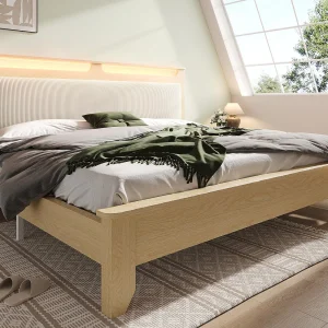 Houten tweepersoonsbed 140×200 cm – met LED-verlichting – hoofdeinde met opbergruimte – ribfluwelen hoofdboard – beige Houten tweepersoonsbed 140×200 cm – met LED-verlichting – hoofdeinde met opbergruimte – ribfluwelen hoofdboard – beige