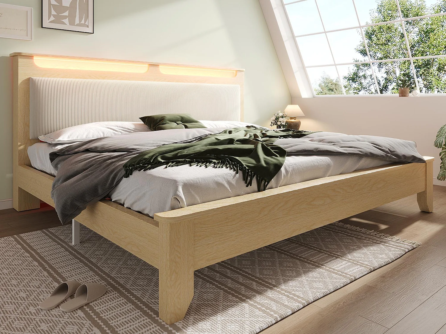 Houten tweepersoonsbed 140×200 cm - met LED-verlichting - hoofdeinde met opbergruimte - ribfluwelen hoofdboard - beige