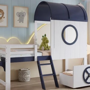 Hoogbed 90×200 cm – met 1 la – met dak en hekwerk – trap met 2 treden – massief hout + MDF – wit + donkerblauw Hoogbed 90×200 cm – met 1 la – met dak en hekwerk – trap met 2 treden – massief hout + MDF – wit + donkerblauw