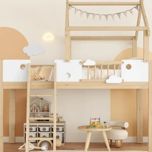 Hoogbed 90×200 cm – met huisvormig design en hekwerk – trap met 3 treden – massief hout + MDF – naturel Hoogbed 90×200 cm – met huisvormig design en hekwerk – trap met 3 treden – massief hout + MDF – naturel
