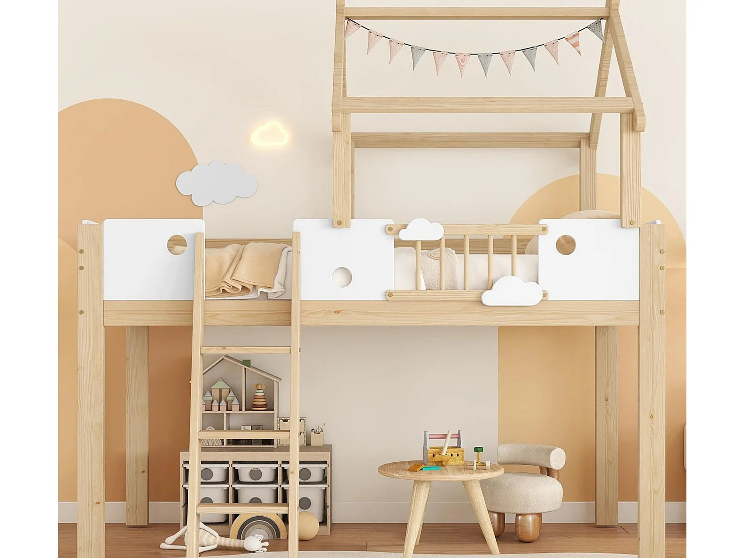Hoogbed 90×200 cm - met huisvormig design en hekwerk - trap met 3 treden - massief hout + MDF - naturel