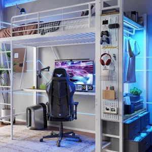 Hoogbed 90×200 cm – met bureau + wasrek – 4 laden – USB/TYPE-C-poorten – LED-lichtstrip – wit Hoogbed 90×200 cm – met bureau + wasrek – 4 laden – USB/TYPE-C-poorten – LED-lichtstrip – wit