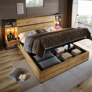 Houten tweepersoonsbed met opbergruimte – 180 x 200 cm – hoofdeinde met 2 lades + USB – MDF + metaal – natuurlijk Houten tweepersoonsbed met opbergruimte – 180 x 200 cm – hoofdeinde met 2 lades + USB – MDF + metaal – natuurlijk