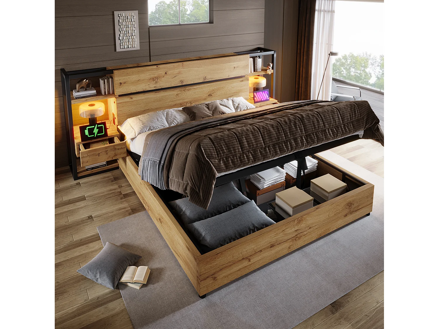 Houten tweepersoonsbed met opbergruimte - 180 x 200 cm - hoofdeinde met 2 lades + USB - MDF + metaal - natuurlijk