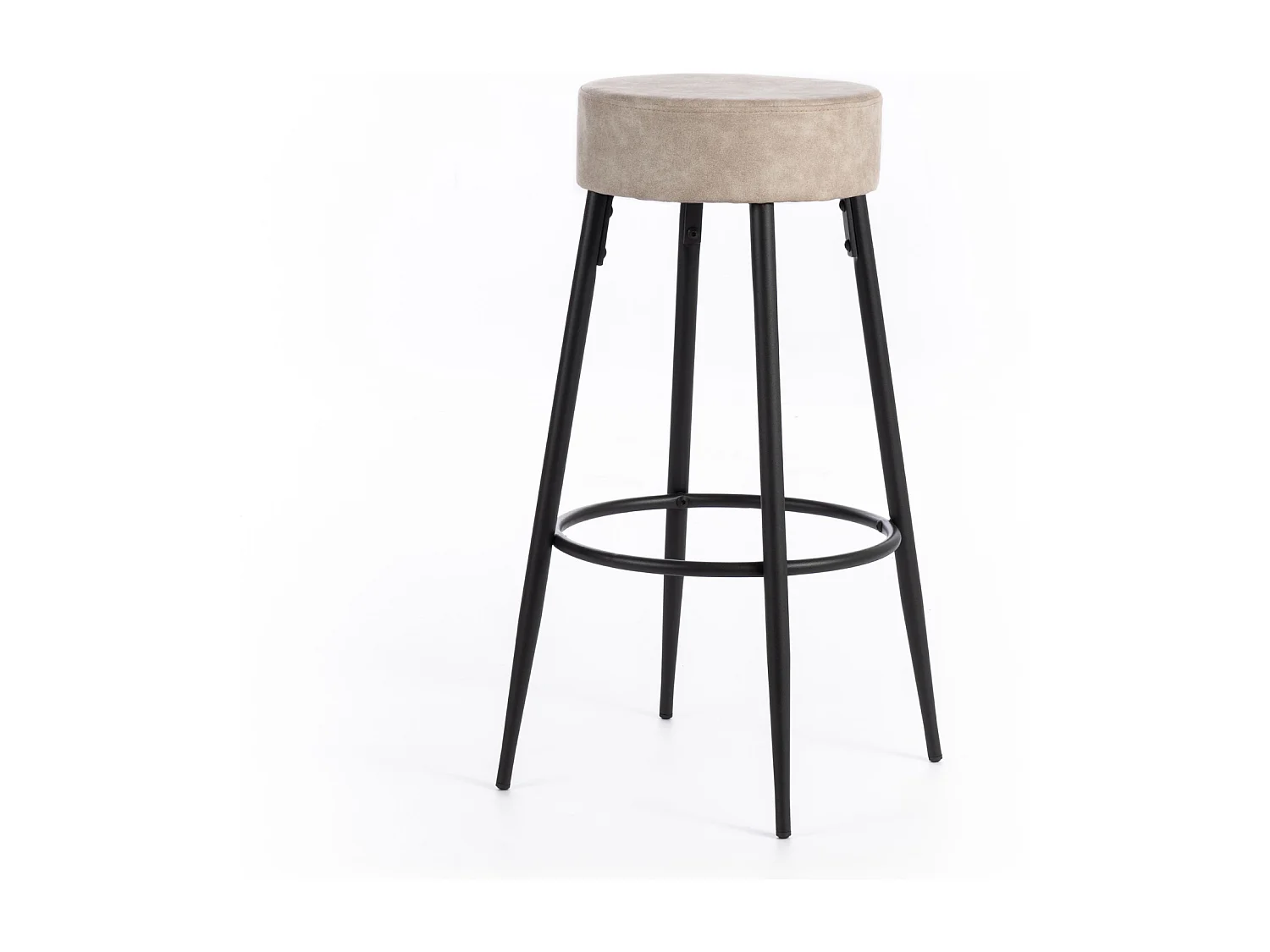 Hoge ronde beige krukken "Ron" in beige gewatteerde stof met voetenbankje cm 51x51 77,5h