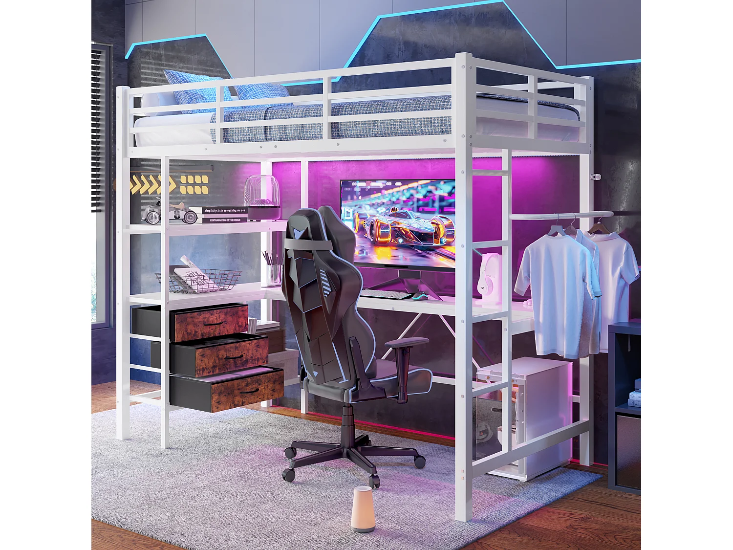 Hoogslaper 90x200 cm, wit, tienerbed met bureau, 3 lades, ledverlichting en USB-aansluiting - zonder matras