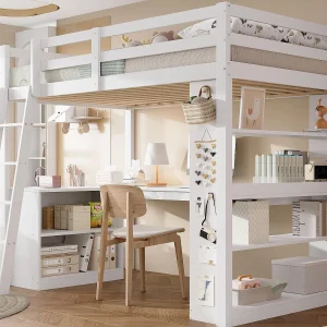 Hoogbed 90×200 cm – met bureau – met opbergplank – met veiligheidsladder – massief hout + MDF – wit (zonder matras) Hoogbed 90×200 cm – met bureau – met opbergplank – met veiligheidsladder – massief hout + MDF – wit (zonder matras)