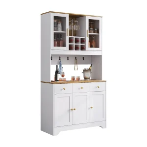 Hoge kast met glazen deuren, wit hout en houtfinish, modern design, MDF, (94,5x30x175,5 cm) Hoge kast met glazen deuren, wit hout en houtfinish, modern design, MDF, (94,5x30x175,5 cm)