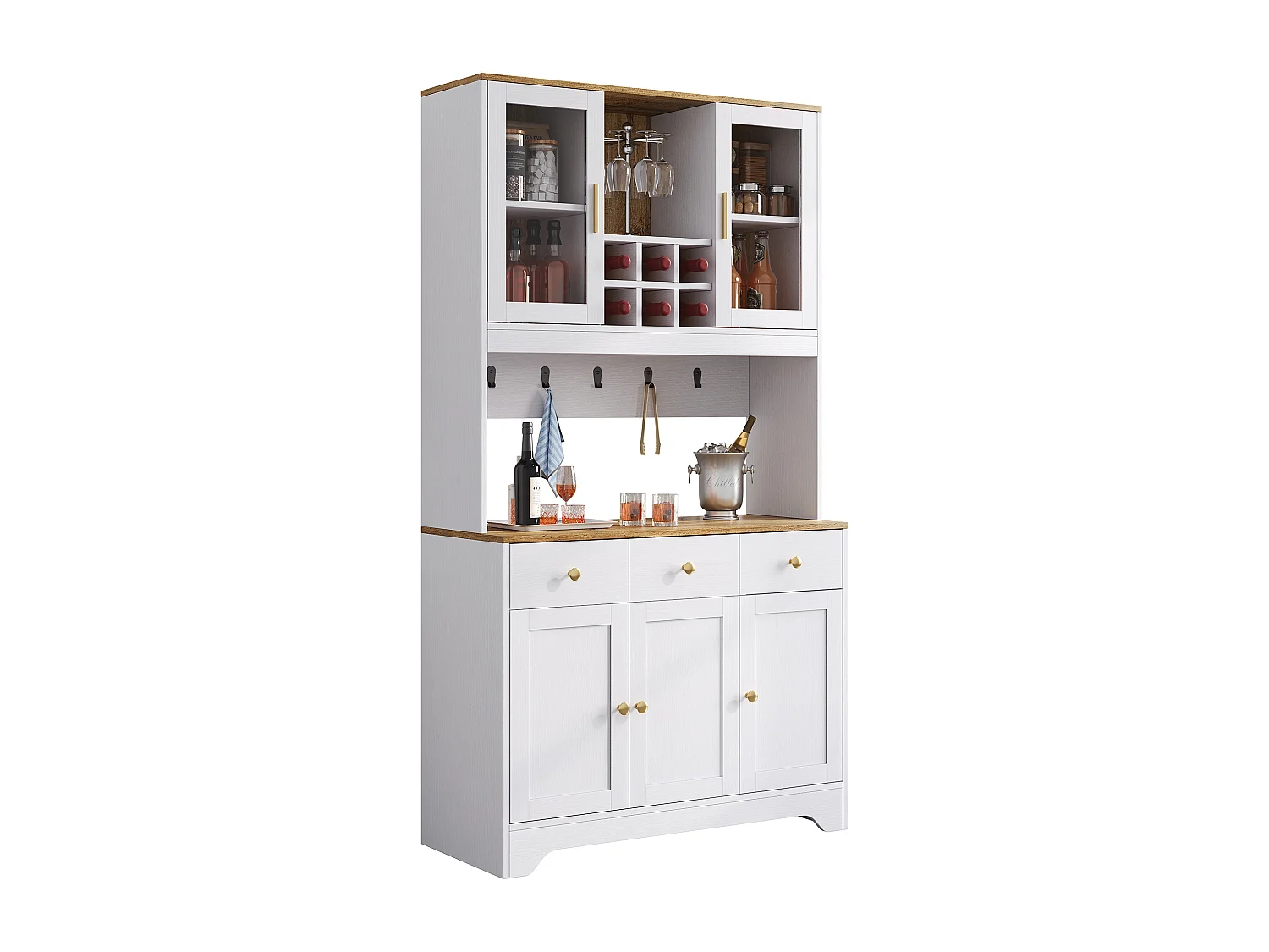 Hoge kast met glazen deuren, wit hout en houtfinish, modern design, MDF, (94,5x30x175,5 cm)