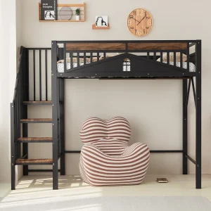 Hoogslaper 90×200 cm, zwart, tienerbed met trap en leuning, metalen frame Hoogslaper 90×200 cm, zwart, tienerbed met trap en leuning, metalen frame