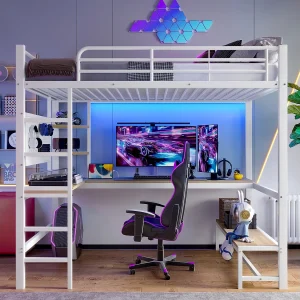 Hoogslaper 90 x 200 cm, volwassen bed met bureau, USB-aansluiting en led-verlichting, wit – zonder matras