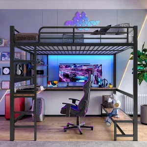 Hoogslaper 140 x 200 cm, volwassen bed met bureau, USB-aansluiting en led-verlichting, zwart – zonder matras Hoogslaper 140 x 200 cm, volwassen bed met bureau, USB-aansluiting en led-verlichting, zwart – zonder matras