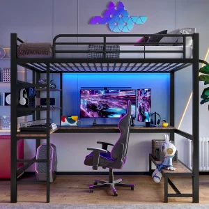 Hoogslaper 90 x 200 cm, volwassen bed met bureau, USB-aansluiting en led-verlichting, zwart – zonder matras
