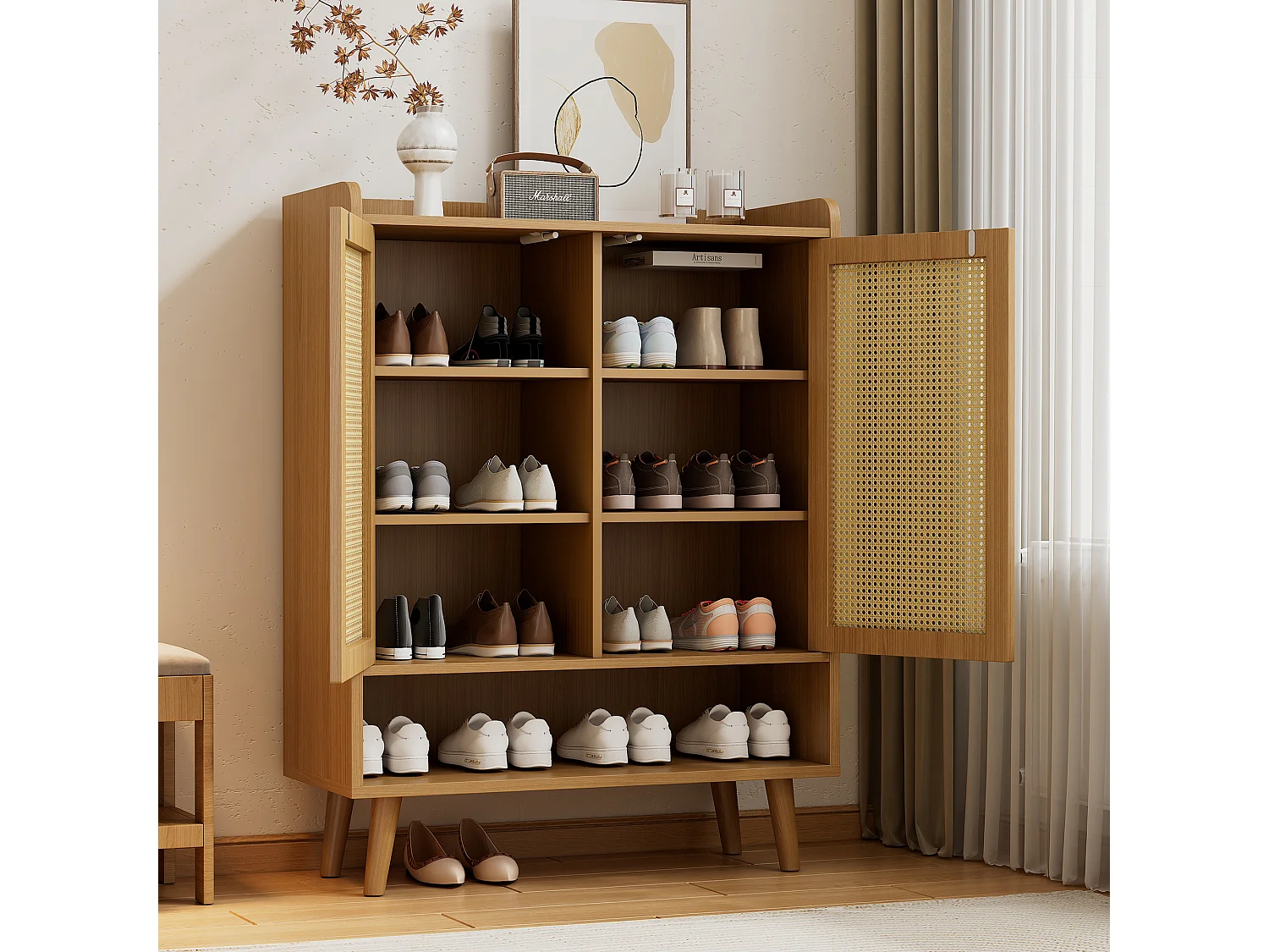 Houten schoenenkast met 2 rotandeuren en diverse legplanken 80x35x105cm