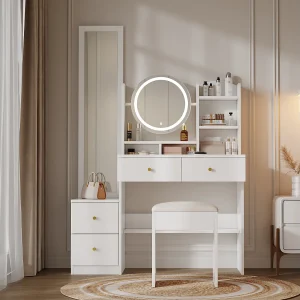 Kaptafelset met LED-spiegel en passpiegel, vier lades en twee planken, kaptafellamp, wit 164x39x109 cm