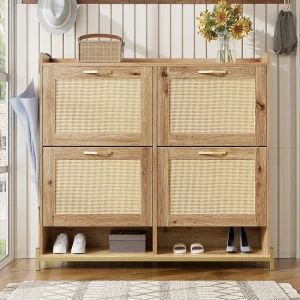 Houten schoenenkast met vier uitklapbare laden, rotandeuren, afmetingen: 108,5 x 24 x 100 cm Houten schoenenkast met vier uitklapbare laden, rotandeuren, afmetingen: 108,5 x 24 x 100 cm