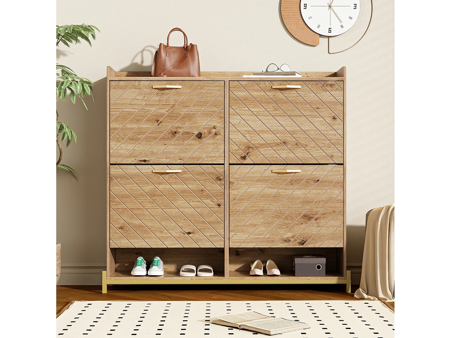 Houten schoenenkast met vier uitklapbare lades, houten meubel, 108,5x24x100 cm
