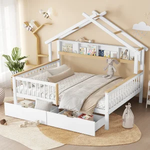 Houten kinderbed met anti-valbeugels, enkel dak, 2 m legplank en 2 lades op wielen. Frame van grenenhout en MDF, wit en naturel, 140×200 cm. Houten kinderbed met anti-valbeugels, enkel dak, 2 m legplank en 2 lades op wielen. Frame van grenenhout en MDF, wit en naturel, 140×200 cm.