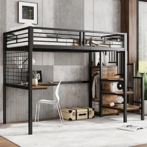 IJzeren bed, stapelbed, hoogslaper, kinderen/tieners, tafel, kledingkast, zijladder (leuning), ijzer + spaanplaat, zwart + donker hout, 90x200cm IJzeren bed, stapelbed, hoogslaper, kinderen/tieners, tafel, kledingkast, zijladder (leuning), ijzer + spaanplaat, zwart + donker hout, 90x200cm