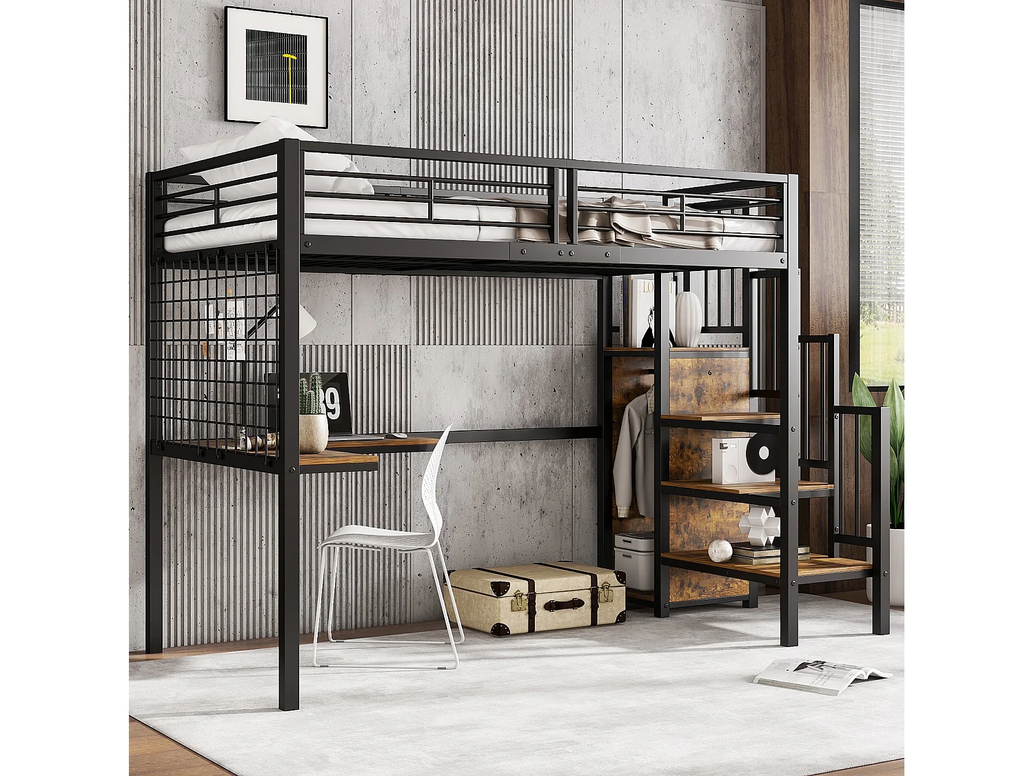 IJzeren bed, stapelbed, hoogslaper, kinderen/tieners, tafel, kledingkast, zijladder (leuning), ijzer + spaanplaat, zwart + donker hout, 90x200cm