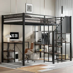 Hoekstapelbed van ijzer voor kinderen/tieners, met ladder, opbergruimte, tafel, plank en open kledingkast. Materiaal: ijzer en MDF, 120×200 cm.