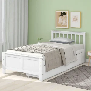 Houten bed, eenpersoonsbed, jeugdbed, volwassenbed, met opberglades, grenenhouten frame, wit (90x200cm) Houten bed, eenpersoonsbed, jeugdbed, volwassenbed, met opberglades, grenenhouten frame, wit (90x200cm)