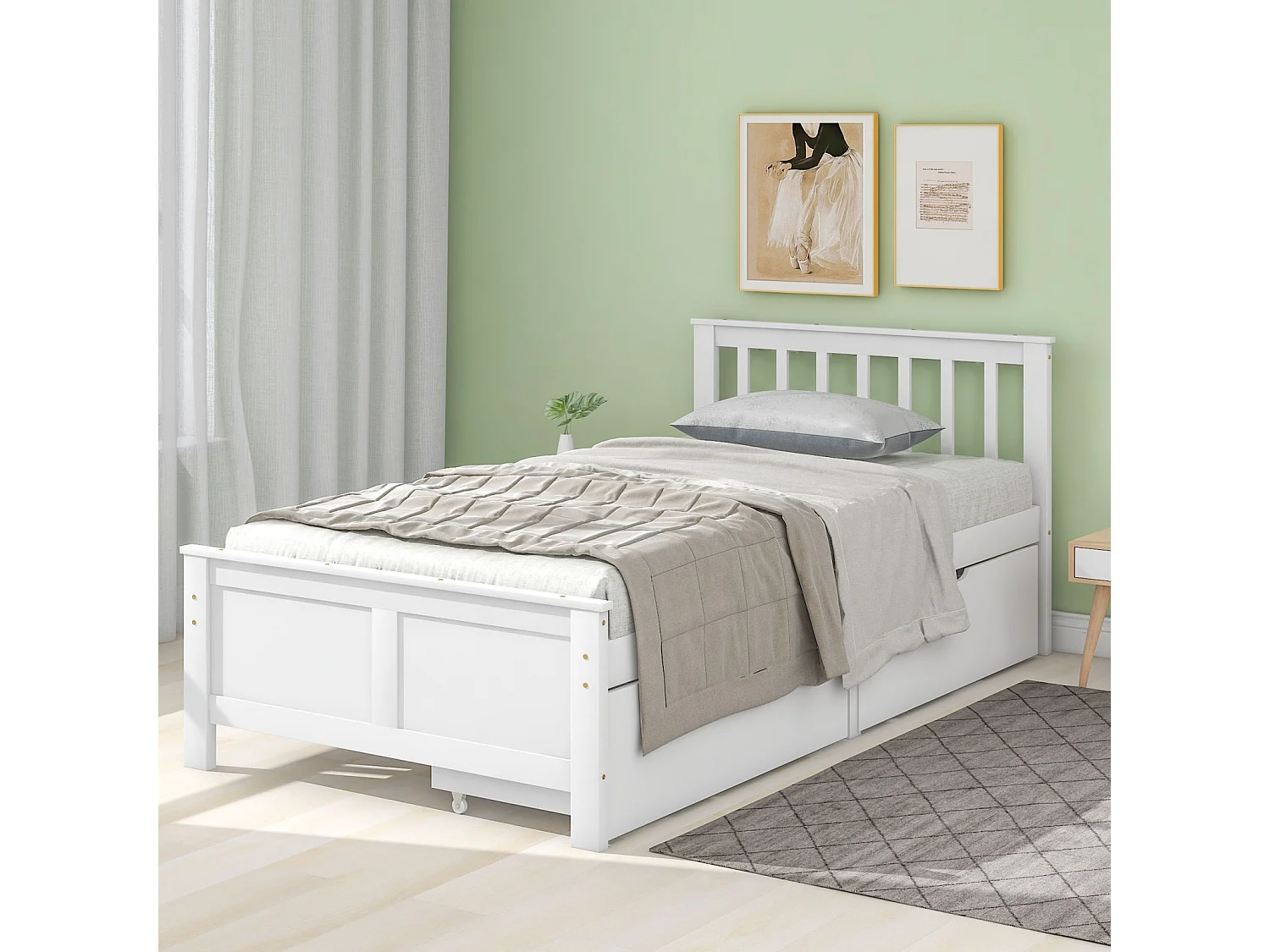 Houten bed, eenpersoonsbed, jeugdbed, volwassenbed, met opberglades, grenenhouten frame, wit (90x200cm)