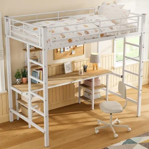 IJzeren stapelbed, tafel, planken, kinderen/tieners, zijladder, veiligheidshekje, ijzer + MDF, wit, 90x200cm IJzeren stapelbed, tafel, planken, kinderen/tieners, zijladder, veiligheidshekje, ijzer + MDF, wit, 90x200cm