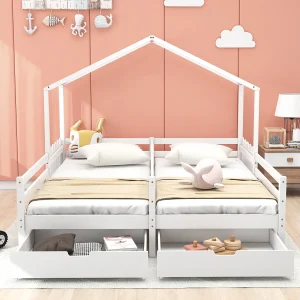 Huisbed, tweepersoonsbed, kinderbed, ledikant met 2 MDF lades, lades met wielen, lattenbodem van grenenhout, wit (200x90cm)