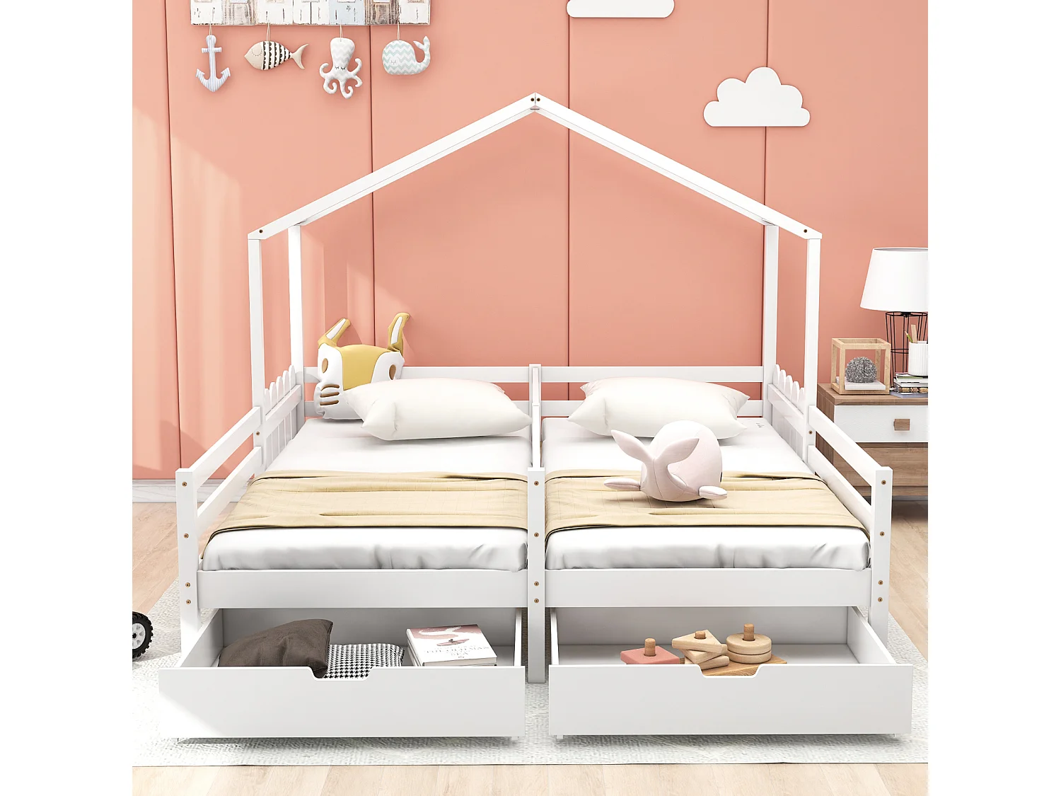 Huisbed, tweepersoonsbed, kinderbed, ledikant met 2 MDF lades, lades met wielen, lattenbodem van grenenhout, wit (200x90cm)