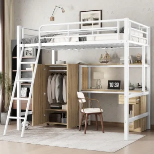 IJzeren stapelbed, kinderen/tieners, tafel, kledingkast, opbergruimte, 4-traps schuine ladder, ijzer + spaanplaat, wit + naturel, 90x200cm IJzeren stapelbed, kinderen/tieners, tafel, kledingkast, opbergruimte, 4-traps schuine ladder, ijzer + spaanplaat, wit + naturel, 90x200cm