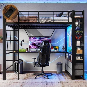 Hoogslaper 90 x 200 cm, van ijzer, met bureau, kledingroede, planken, lades, USB- + Type-C-aansluitingen, ledstrip, zwart