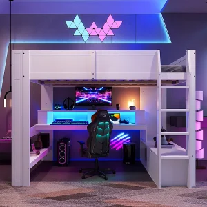 Hoogslaper 140 x 200 cm, speels bed met bureau, uitgerust met een ledlamp, een bureau, lades, planken, zonder matras, kleur wit. Hoogslaper 140 x 200 cm, speels bed met bureau, uitgerust met een ledlamp, een bureau, lades, planken, zonder matras, kleur wit.