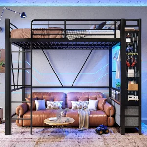 Hoogslaper 90 x 200 cm, ijzeren frame, met kledingroede, planken, ladekasten, USB- + Type-C-aansluitingen, ledstrip, zwart Hoogslaper 90 x 200 cm, ijzeren frame, met kledingroede, planken, ladekasten, USB- + Type-C-aansluitingen, ledstrip, zwart