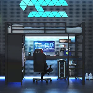Hoogslaper 140 x 200 cm, met ledverlichting, metalen frame, voorzien van een bureau, een open kast en opbergplanken, zwart. Hoogslaper 140 x 200 cm, met ledverlichting, metalen frame, voorzien van een bureau, een open kast en opbergplanken, zwart.